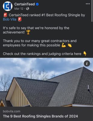 Instagram post that states CertainTeed is best shingle in 2024